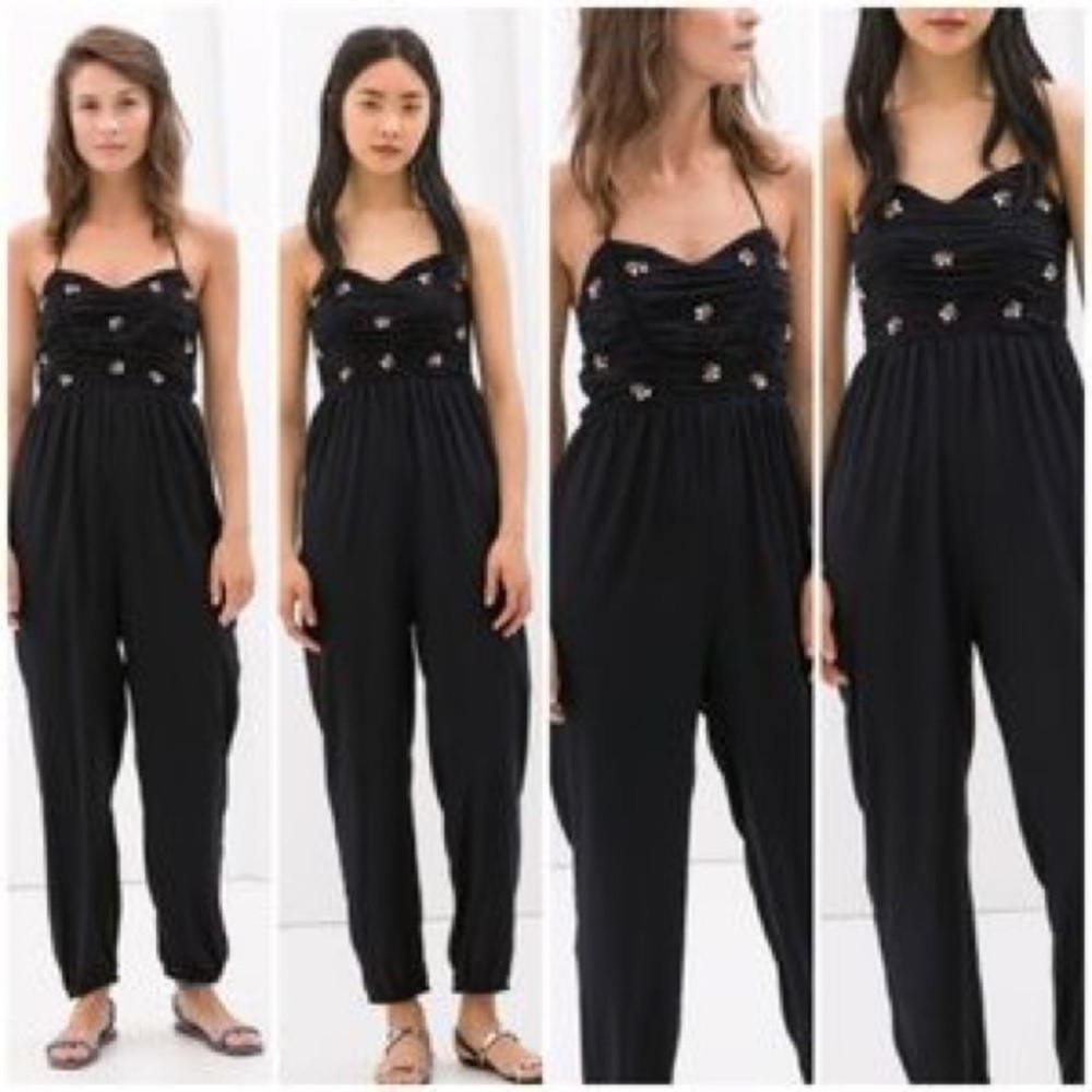 Zara Navy Embellished Jumpsuit